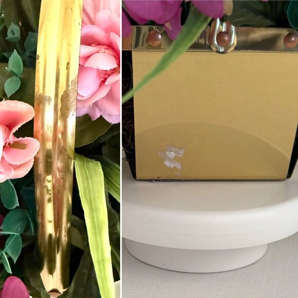 Upcycled Floral Arrangement 16in Fuchsia Pink Faux Flowers in Gold Metal Basket - Picture 8 of 14